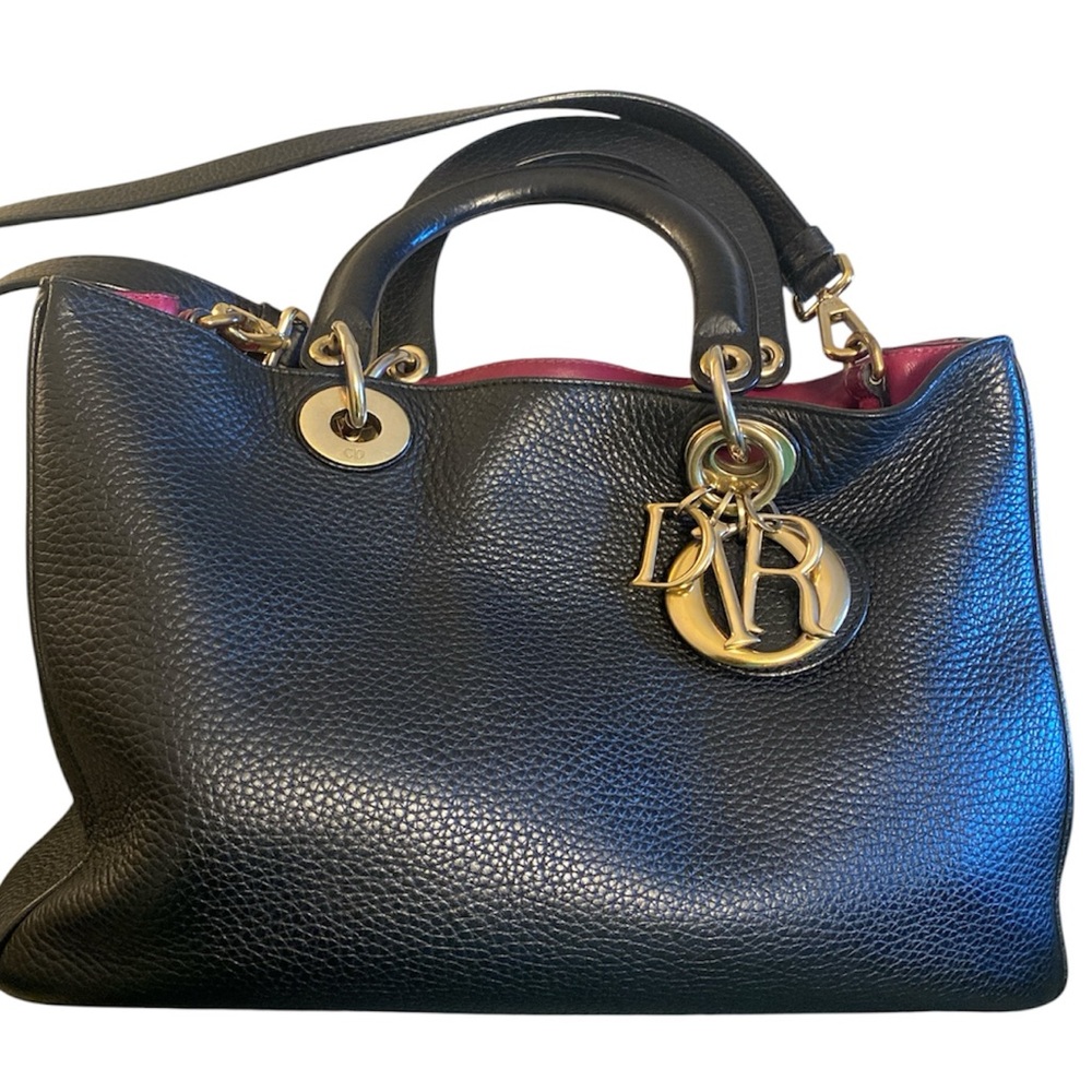 DIOR Diorissimo Black Leather Handbag Tote w/ Dior iconic bag charm